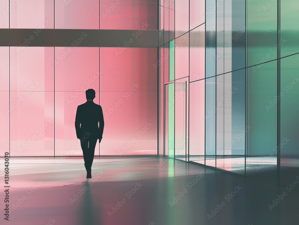 Poster silhouette strides through modern architecture a figure in a colorful space creating a striking visu