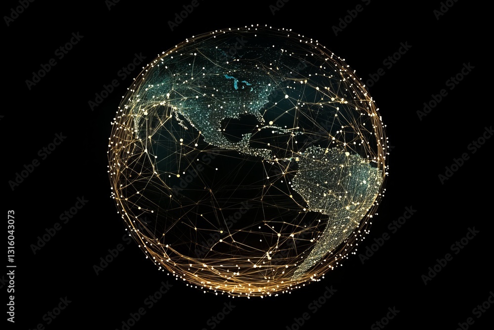 Poster this abstract image portrays a global network represented by bright lines and points, showcasing tec