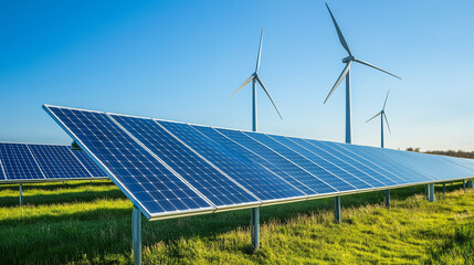 Solar panels and wind turbines in a field, symbolizing clean energy and sustainability.