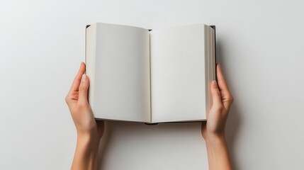 Blank book held open by hands, dark cover. Perfect for showcasing text, designs, or quotes.