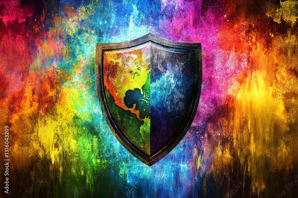 Poster this vibrant artwork features an abstract shield against a colorful backdrop. the energetic composit