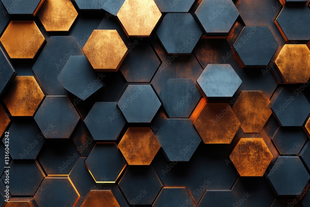 Poster geometric harmony of dark hexagons and golden accents creating a captivating modern abstract design 