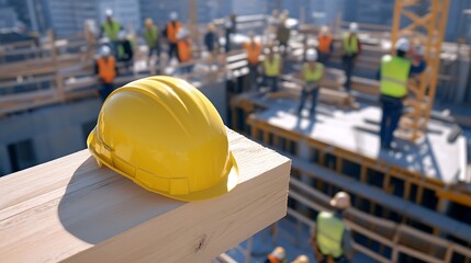 A yellow hard hat resting on a wooden beam symbolizes safety and teamwork on a bustling construction site