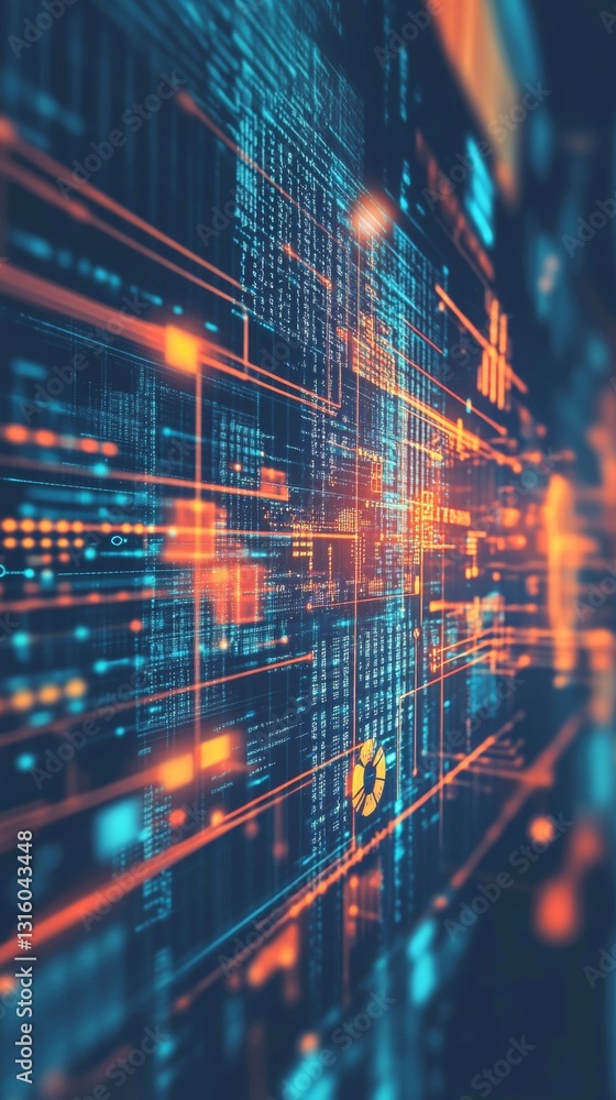 Poster abstract digital network with glowing lines and lights in variations of blue and orange colors