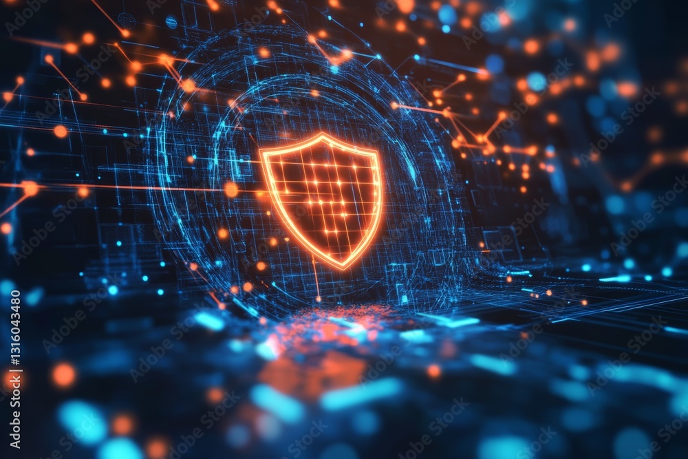 Poster digital cybersecurity concept with shield symbol and data streams