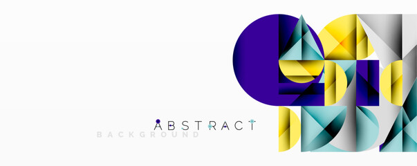 Abstract geometric design with intersecting circles, triangles, squares and sharp angles creating a layered composition with gradients, depth, and contrast