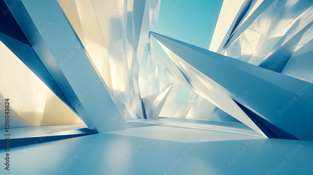 Poster serene interior with a futuristic architecture of sharp geometric shapes bathed in subtle light