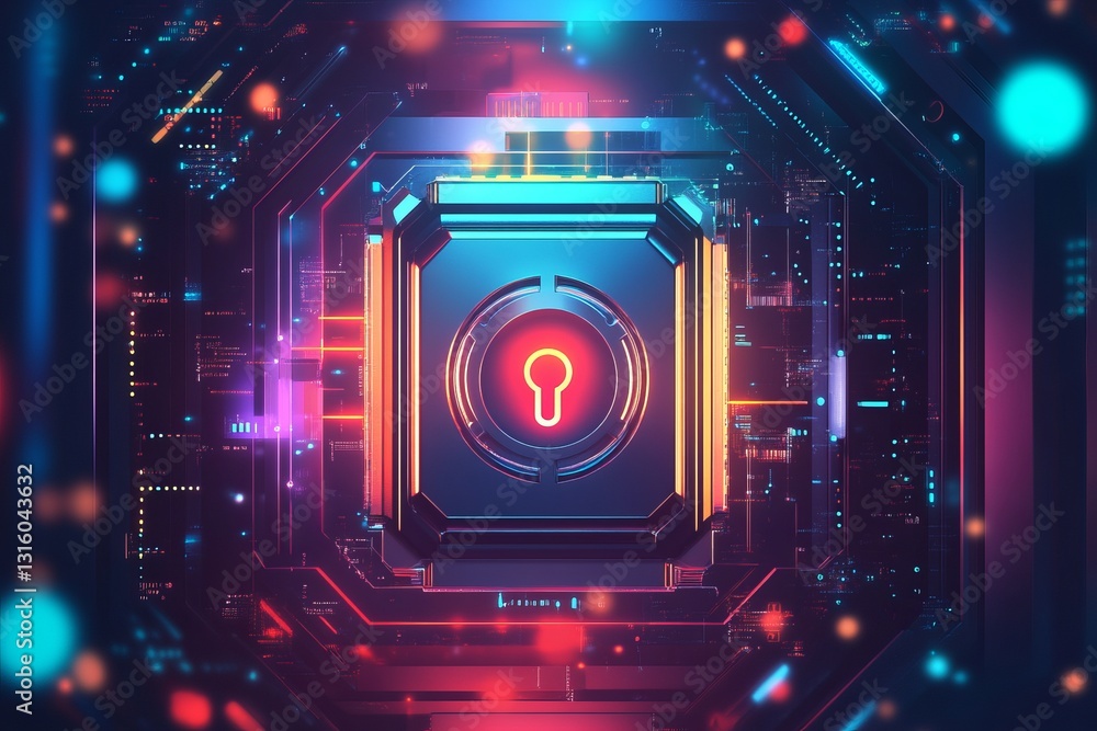 Poster this image features a futuristic digital lock set against a vibrant cyber background, emphasizing se