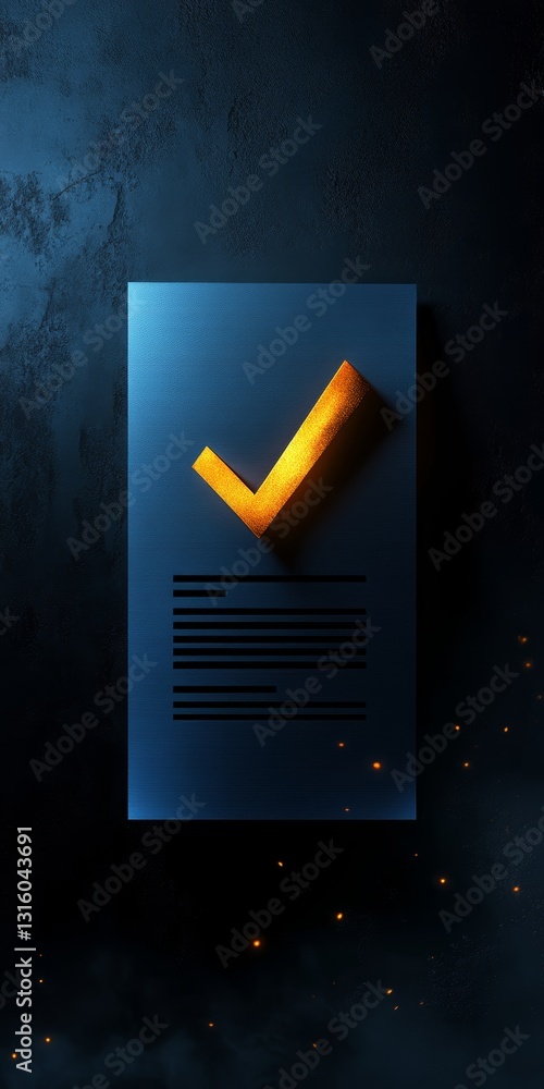 Poster an abstract representation of a checkmark on a document set against a dark background, featuring glo