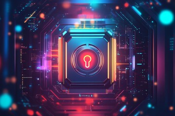 This image features a futuristic digital lock set against a vibrant cyber background, emphasizing security and technology in a visually striking manner.
