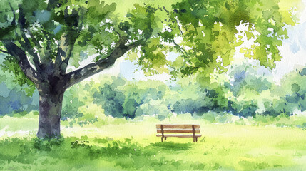 serene watercolor painting of tree and bench in lush green park, evoking tranquility and nature beauty