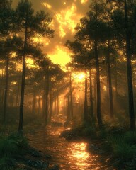 Fototapeta premium Golden sunlight filters through the lush green canopy of tall trees in a serene forest, casting dappled light on a gently flowing stream below, creating a tranquil atmosphere.
