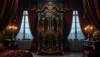 Elegant Black Gold Armoire in Luxurious Bedroom Interior Design with Red Curtains and Candles