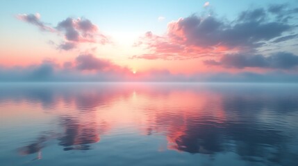 Naklejka premium Ethereal pastel mist rising softly from peaceful water beneath a serene blue sky