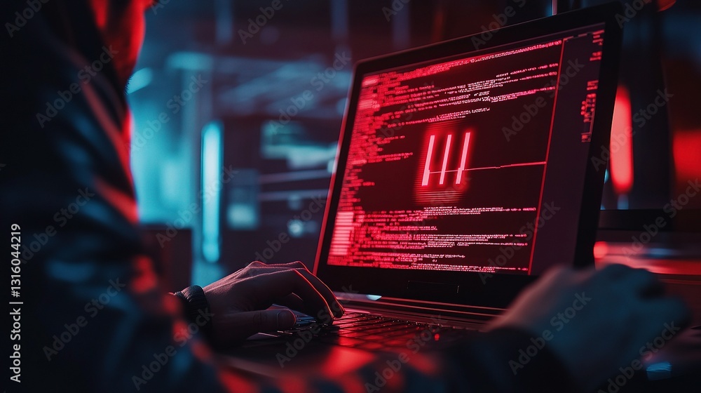 Poster cyber intruder in dark environment with code on laptop screen