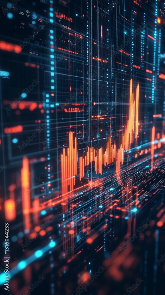 Poster dynamic data visualization with growing graph and digital connections in abstract technology backgro