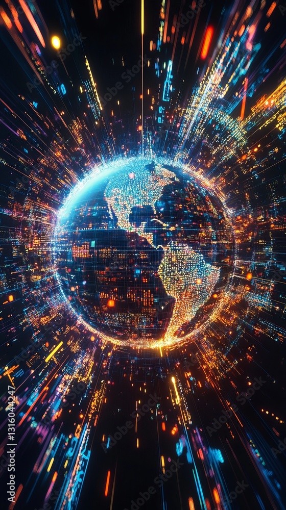 Poster stunning abstract image of a globe showcasing dynamic data visualizations and vibrant light effects,