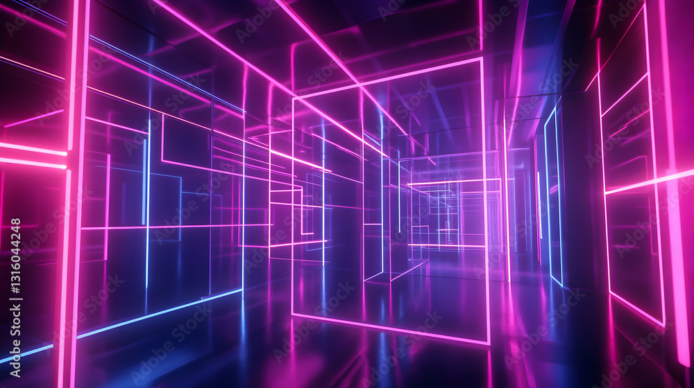 Poster iridescent corridor of neon grid structures creating a luminous tunnel, showcasing reflections