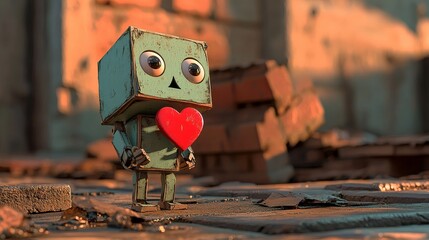 A loving cardboard robot is depicted holding a heart and a letter that declares love, apologizes, and includes space for inserting custom text