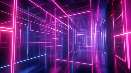 Obraz premium Iridescent corridor of neon grid structures creating a luminous tunnel, showcasing reflections