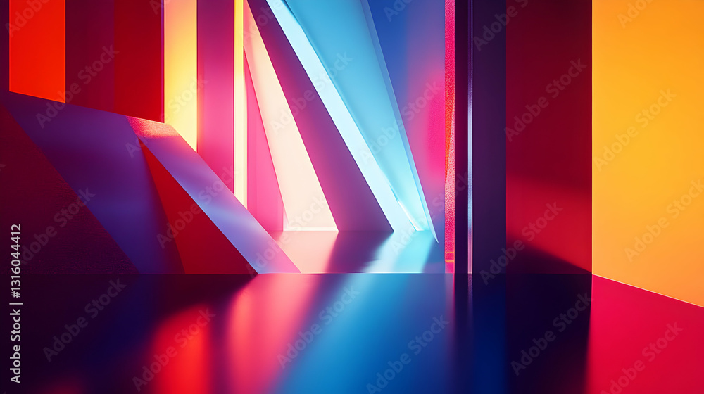Poster abstract composition featuring geometric shapes and vibrant lighting to create depth perception