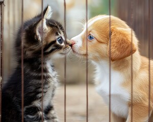 Adorable Kitten and Puppy Nose Touching Sweet Friends dog cat pet cute love soft cage bars