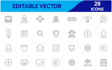 Set of flat icons, 28 line editable stroke and icon set, vector illustration 