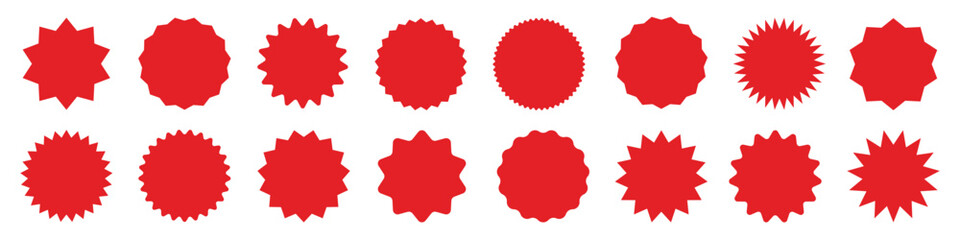 Red shopping labels collection. Sale or discount sticker. Special offer price tag. Supermarket promotional badge. Vector sunburst icon.