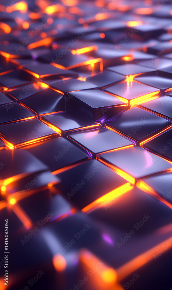 Poster dazzling array of interconnected chrome boxes illuminated with a vibrant glowing orange