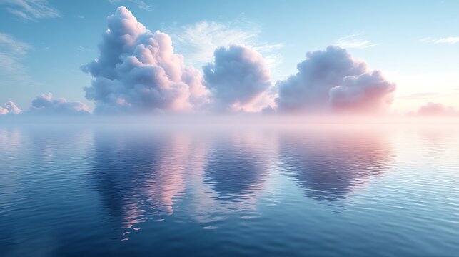 Ethereal pastel mist floating softly above calm reflective water under a vast blue sky