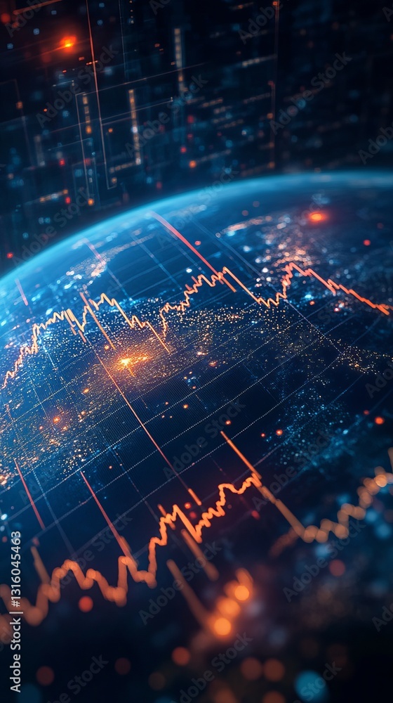 Poster a captivating global financial data visualization featuring a digital earth background. this strikin