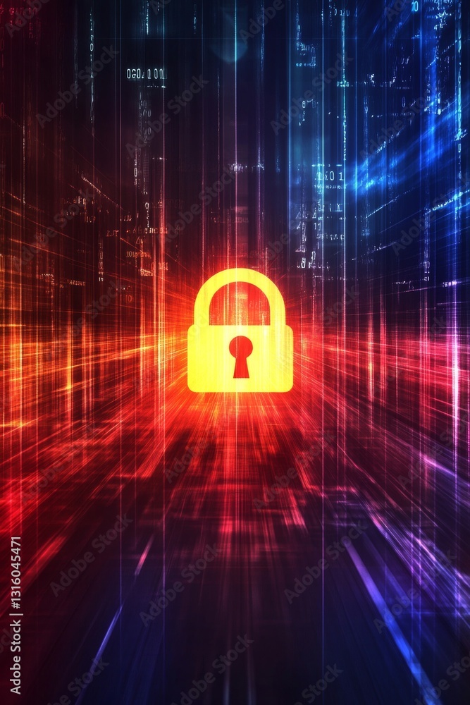 Poster vibrant digital padlock symbolizing security and protection in an abstract network environment