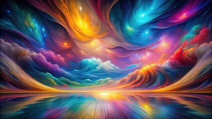 Whimsical Dreamscape A Serene and Colorful Vision of Abstract Celestial Forms Reflected on a Vibrant Wooden Surface