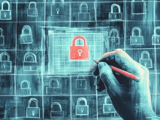 Visual depiction of cybersecurity measures showcasing a focus on data protection and access control with a digital overlay and sketch effect