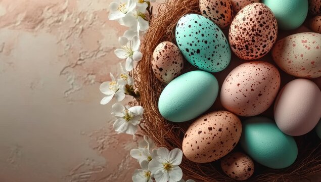 From above, a collection of eggs in various sizes with brown spots can be seen, along with gypsophila branches, positioned on straw against a beige isolated background that includes empty space