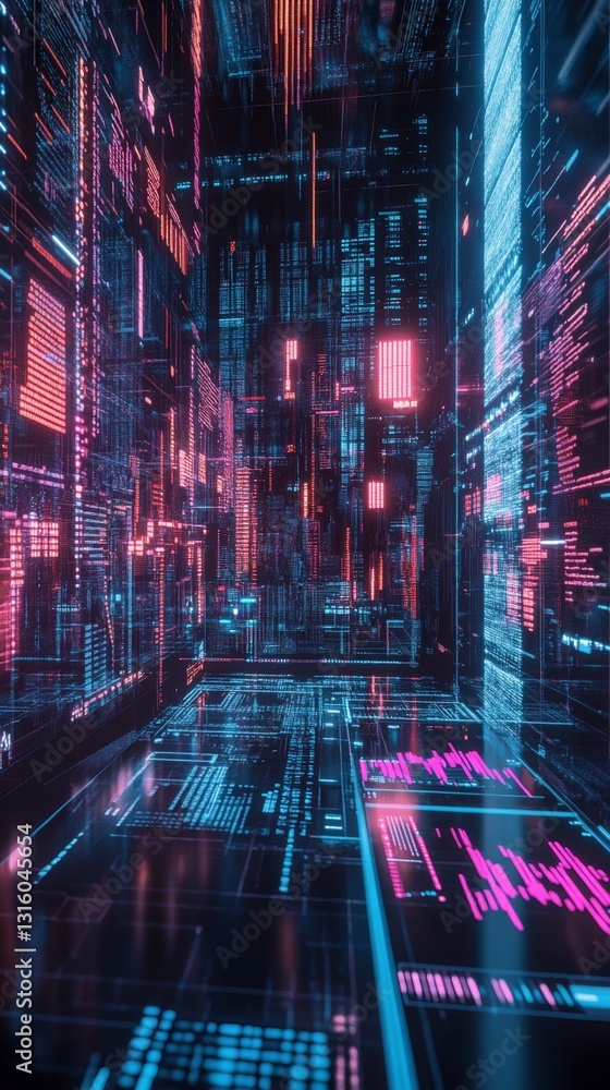 Poster futuristic neon cityscape with digital patterns and abstract technology elements