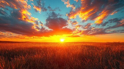 Fototapeta premium Dramatic sunset over field. Vivid orange hues in sky and field. Beautiful golden light