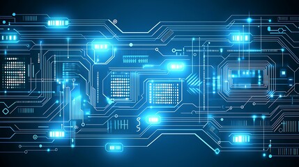 A deep blue gradient background featuring futuristic circuit lines and subtle glowing digital elements.