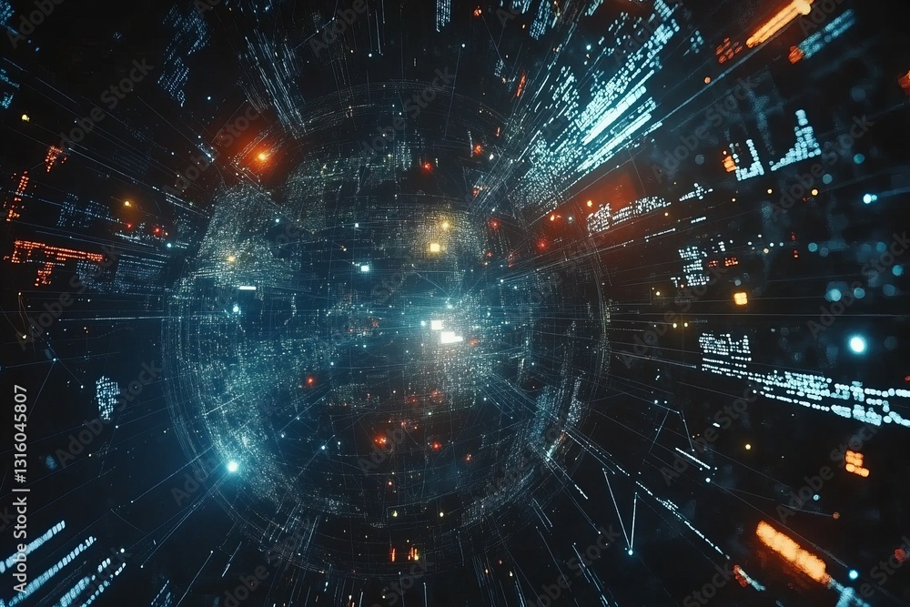 Poster immerse in a vibrant futuristic digital landscape featuring glowing lines and dynamic data streams. 