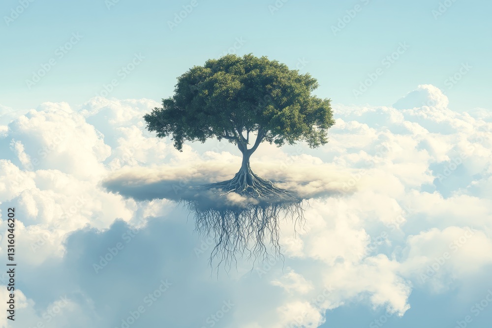 Poster a stunning surreal image of a tree with exposed roots floating above soft clouds in a clear blue sky