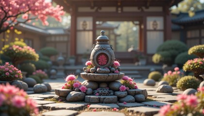 Tranquil Asian Garden Scene Ornate Pot and Pink Flowers Surrounding Stone Structure
