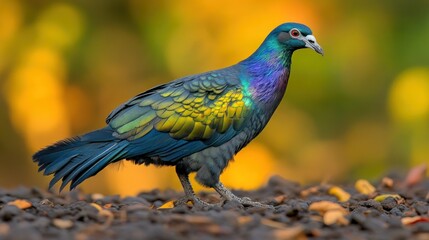 Obraz premium Colorful Pigeon on Ground in Autumn Light