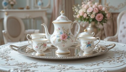 Elegant floral tea set on silver tray in a luxury setting Perfect for afternoon tea or high tea