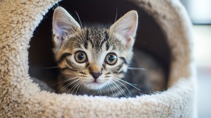 Adorable Kitten in Cozy Cat Bed Sweet Home Pet cute eyes grey small young brown tabby