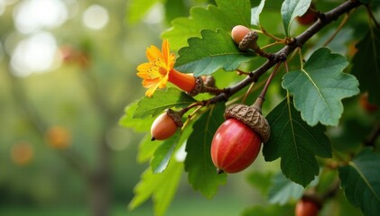Obraz premium Cork oak tree with ripe acorns and blooming flowers, trees, nature