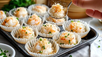 A hand sprinkling minced shrimp over freshly steamed rice flour cups.