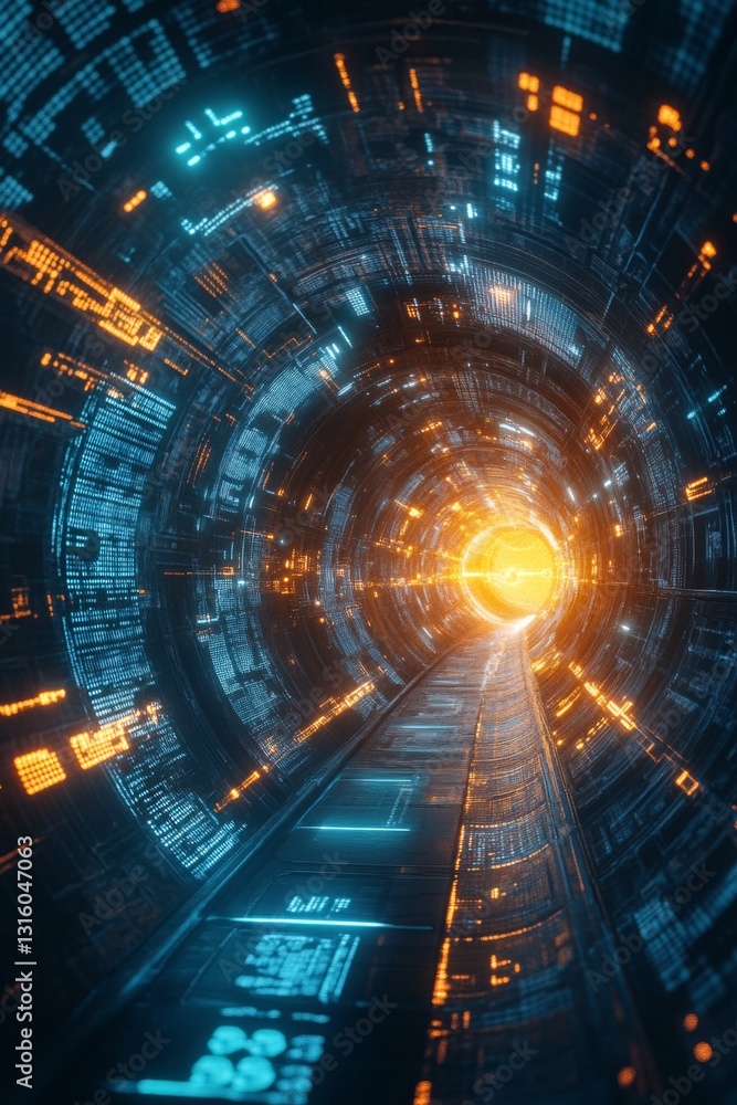 Poster futuristic digital tunnel with neon lights and glowing energy source at the end of the path