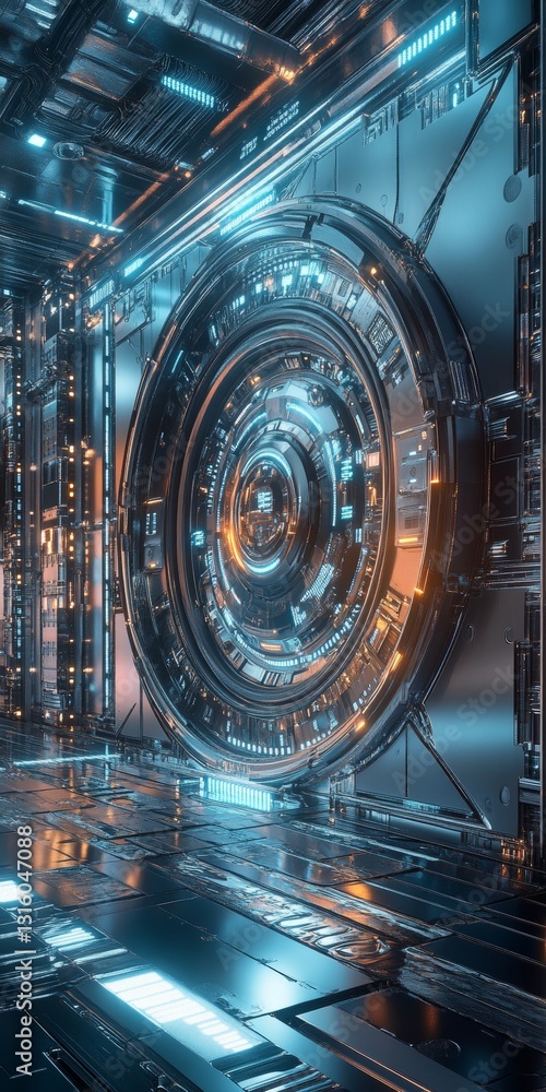 Poster futuristic metallic abstract design with illuminated circles and glowing edges in a digital environm