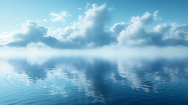 Airy pastel mist emerging gracefully from a calm reflective water surface beneath a soft blue sky