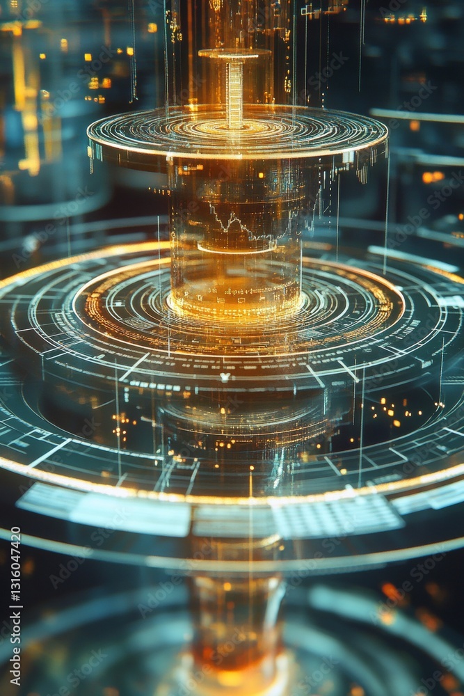 Poster futuristic digital abstraction of energetic flow with glowing circular patterns and light effects